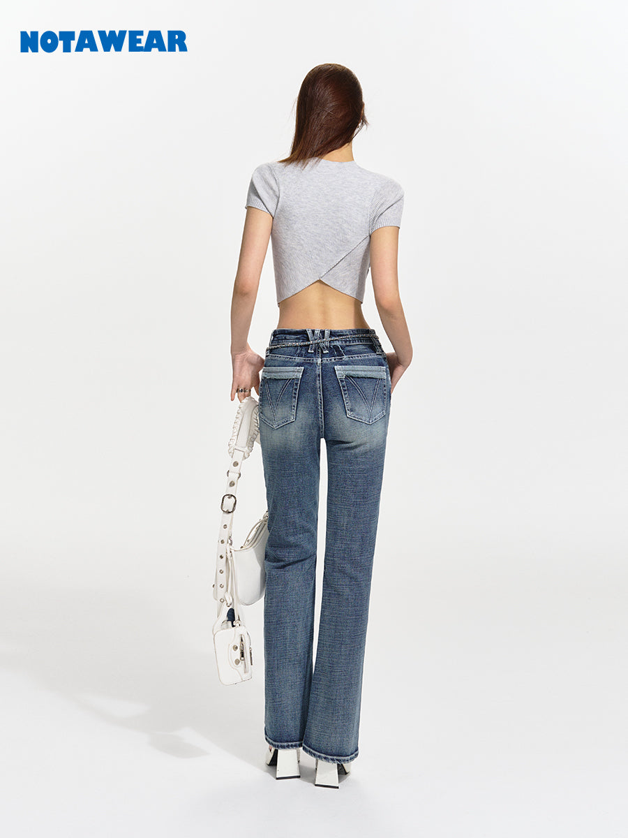 Faded Denim Straight Casual Pants