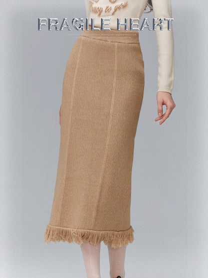 Rib-Knit Long  Tassel Plain Simple Retro Knit-Skirt