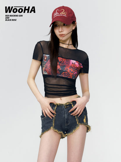 Rose Sheer Cropped Tight Print-T-Shirt