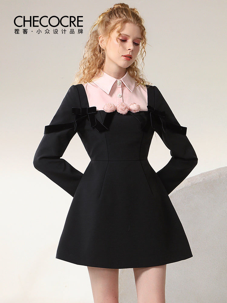 Flare Flower Triangle-collar Retro Girly One-piece