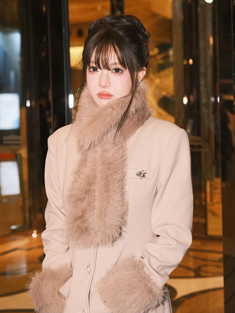 Fur Elegant High-End Plain Slim Long-Coat