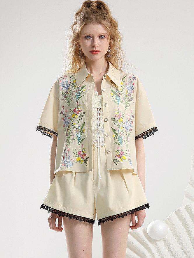 Set-Up Botanical Embroidery Flower Lace Shirt＆Short-Pants