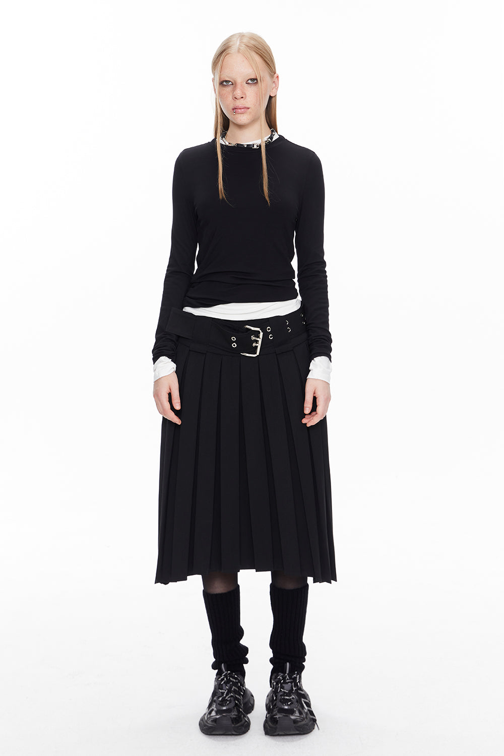 Pleats Asymmetry Belt Long-Skirt