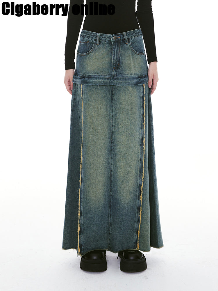 2WAY UNIQUE DENIM VINTAGE COURT Longue jupe longue