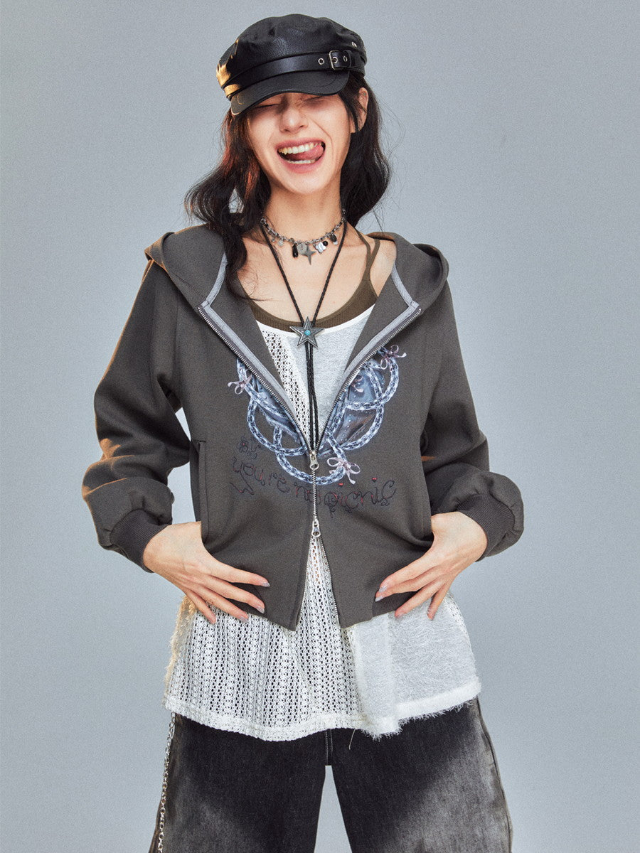 Sweat Knit Double-Zip Ribbon Lace Chain-Design Parka