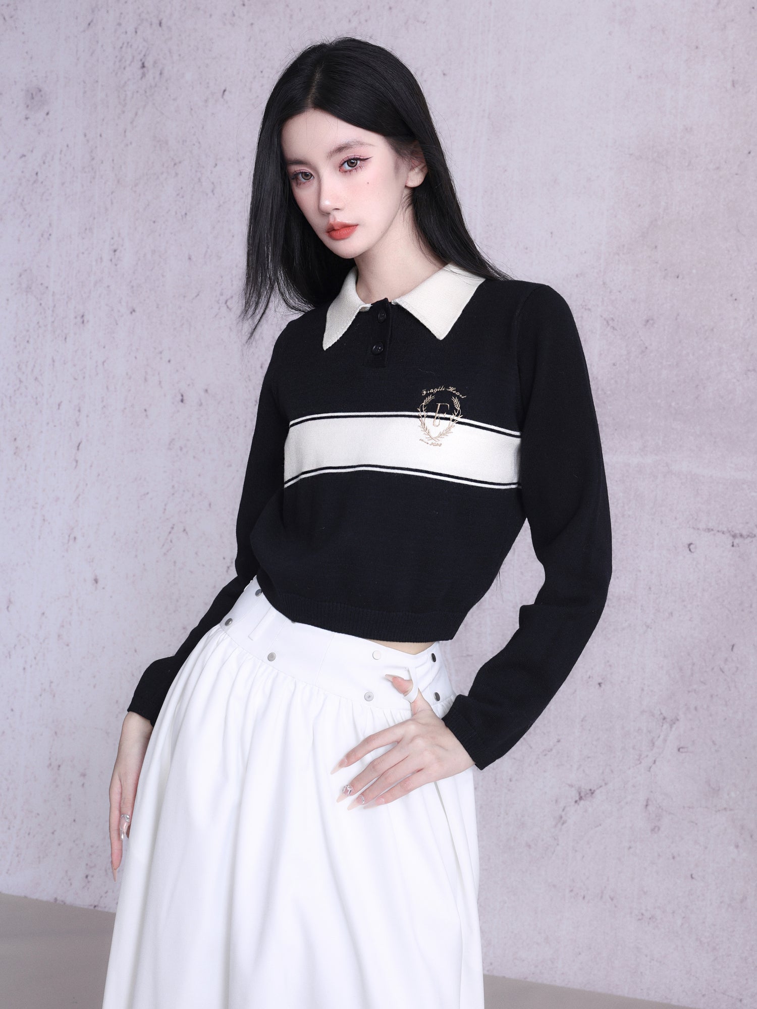 Polo-Neck Retro Monotone Knit&amp;Long-Skirt