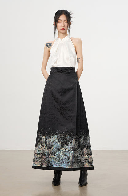 China American-Sleeve Embroidery Chic High-End Blouse＆Long-Skirt