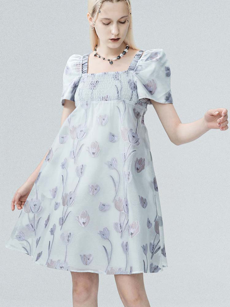 Flare Ciffon Puff-Sleeve Flower Sheer Square-Neck Dress