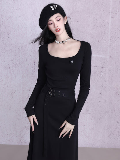 Long Belt Stretch Knit One-Piece