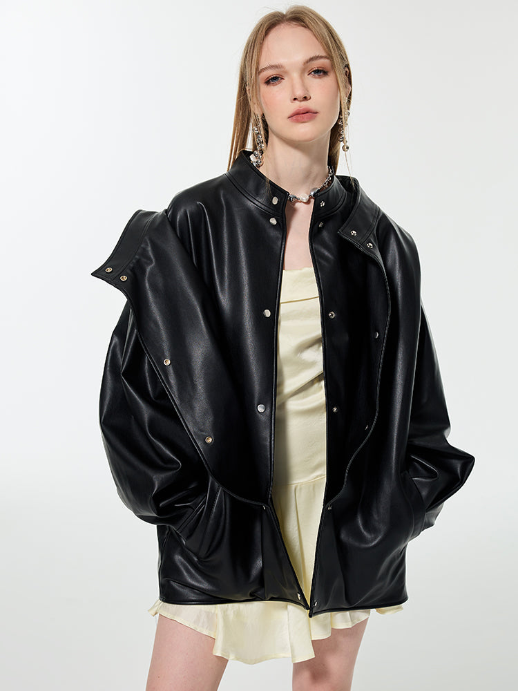 Smooth Middle Cool Simple Oversize Letaher-Jacket