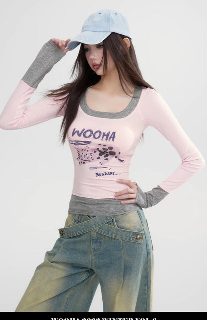 Pop Bi-Color Retro Tight Slim Casual Character Long-T-Shirt