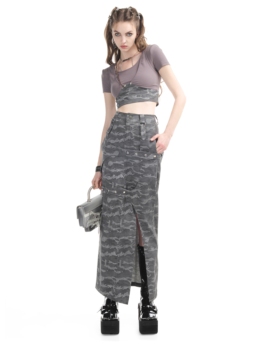 Camouflage Casual Cropped Tight Tops&amp;Long-Skirt