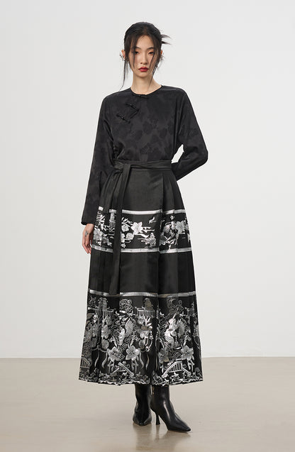 China Set-Up Ethnic Embroidery Flower Metallic Nichi Blouse＆Long-Skirt