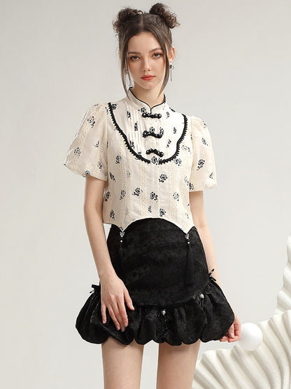 Tassel Flower China Embroidery Ribbon Blouse