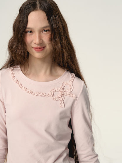 Ribbon Frill Round-Neck Natural Simple Cutsew