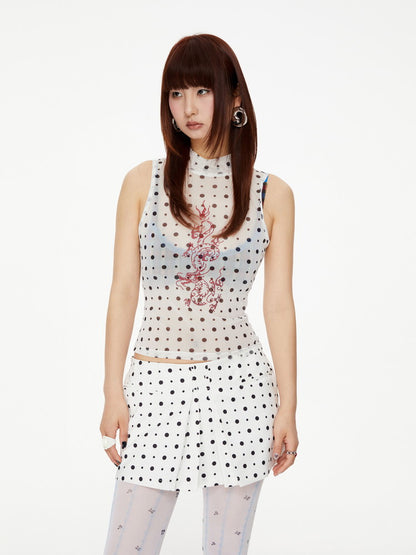 Dragon Dot See-Through Bottle-Neck No-Sleeve Tops