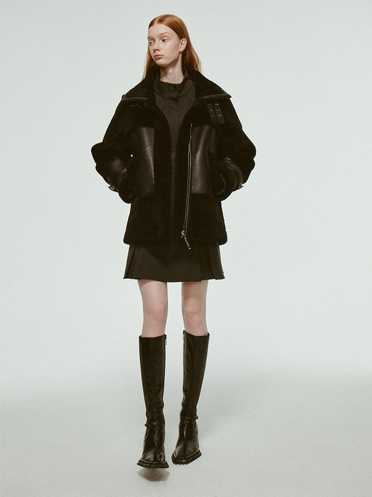 Stand-Collar Leather Boa Retro Oversize Jacket