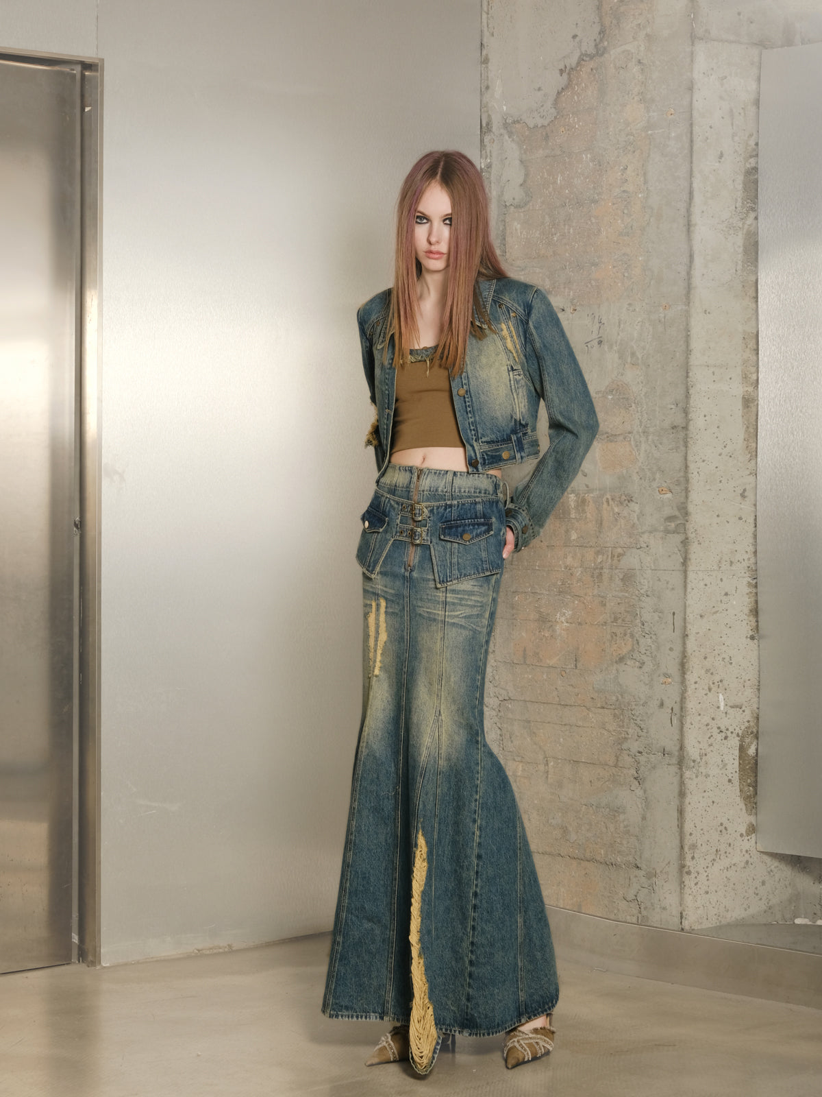 Set-Up Denim Washed Casual Mermaid Jacket＆Long-Skirt