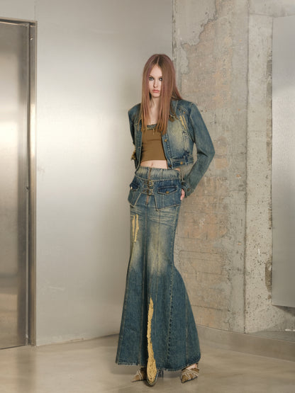 Set-Up Denim Washed Casual Mermaid Jacket＆Long-Skirt