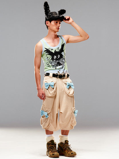 Ribbon Loose Multi-Pocket Half-Pants Wide-Pants