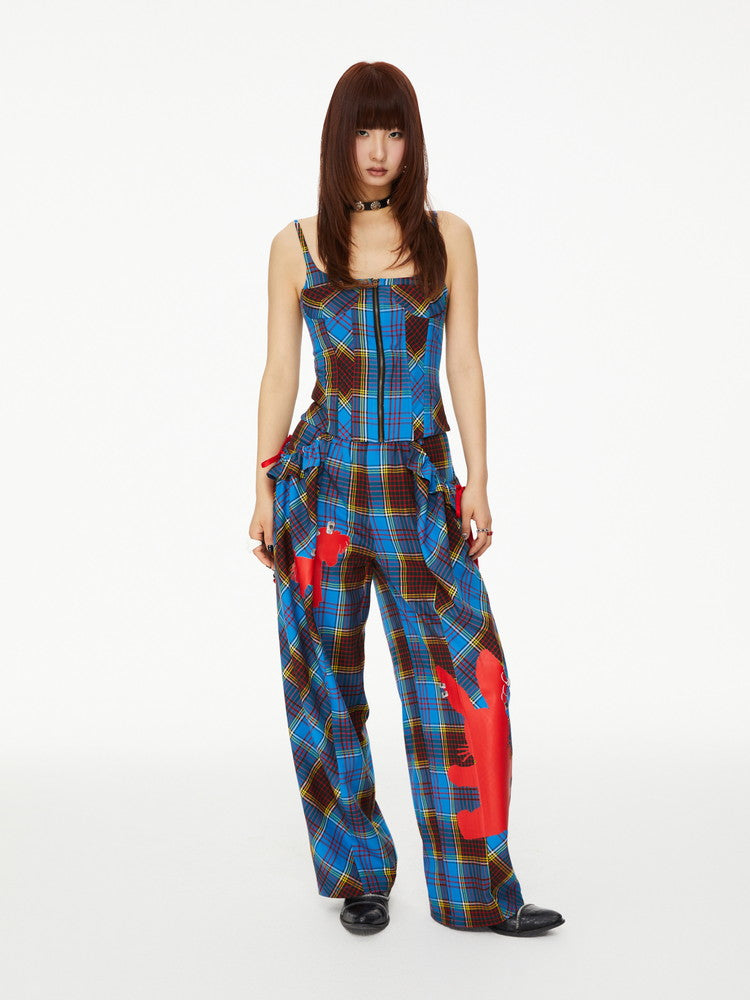 Checked Retro Girly Rabbit Silhouette Wide-Leg Nichi Casual Pants