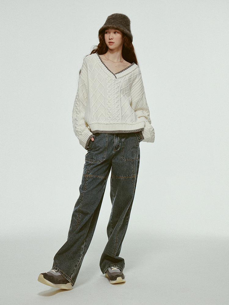 Oversize V-Neck Casual Loose Bi-Color Cable-Knit