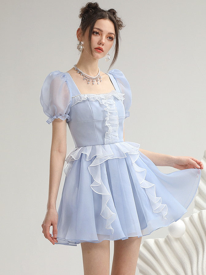 Ciffon Princess Sheer Puff-Sleeve Frill Refreshing Short One-Piece