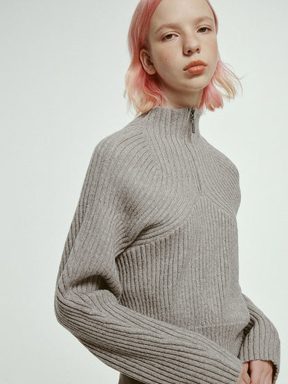 High-Neck Simple Plain Half-Zip Rib-Knit