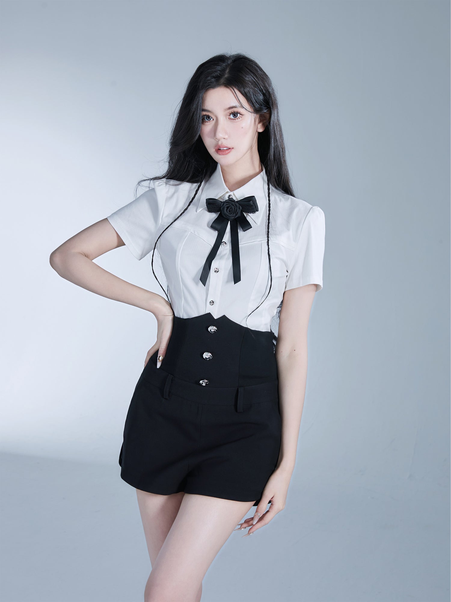 Rose Ribbon High-Waist Tight Chic Blouse&amp;Short-Pants