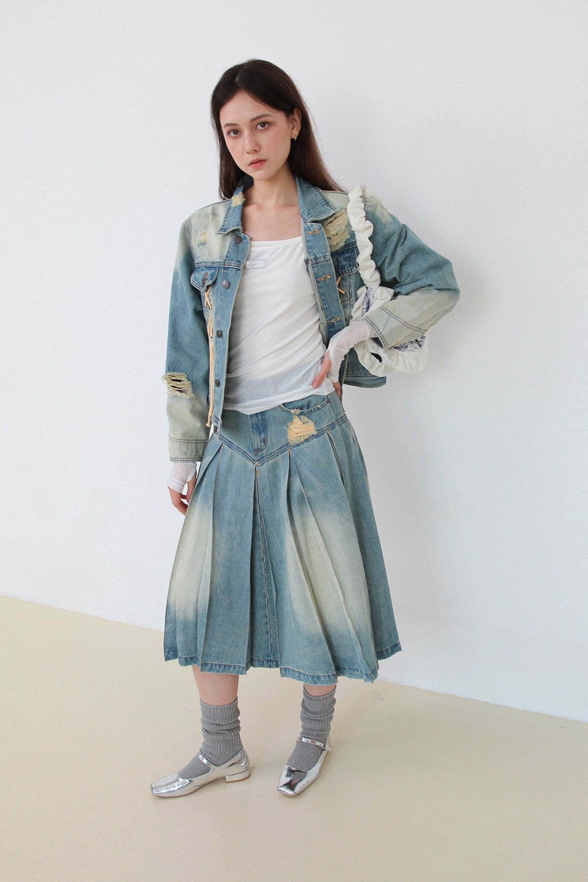 Washed Lace-Up Nichi Vintage Casual Denim-Jacket