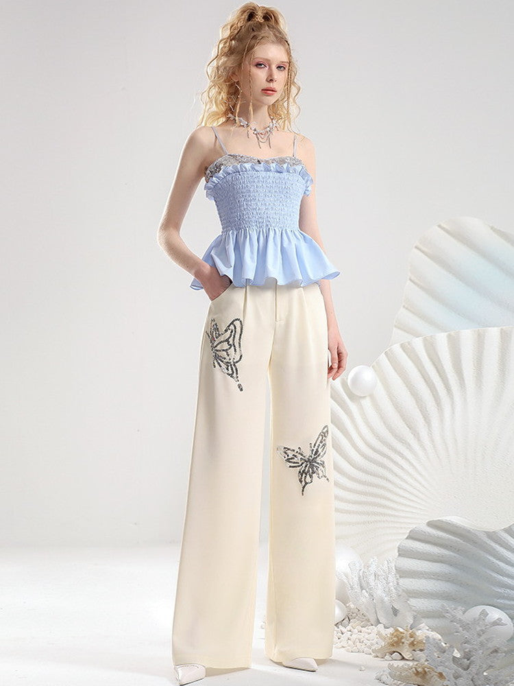 Set-Up Peplum Gather Casual Butterfly Frill Lace Camisole＆Wide-Pants