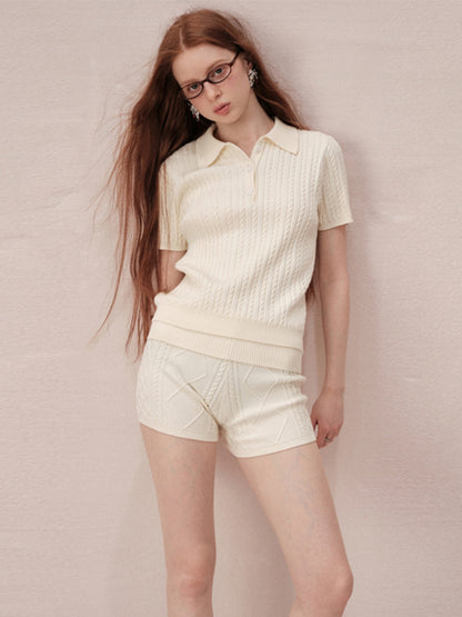 Cable-Knit Polo-Neck Casual Relax Set-Up Tops＆Short-Pants