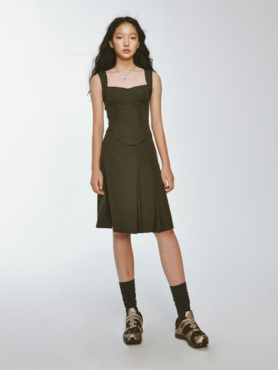 Middle Flare Box-Pleats Plain Skirt