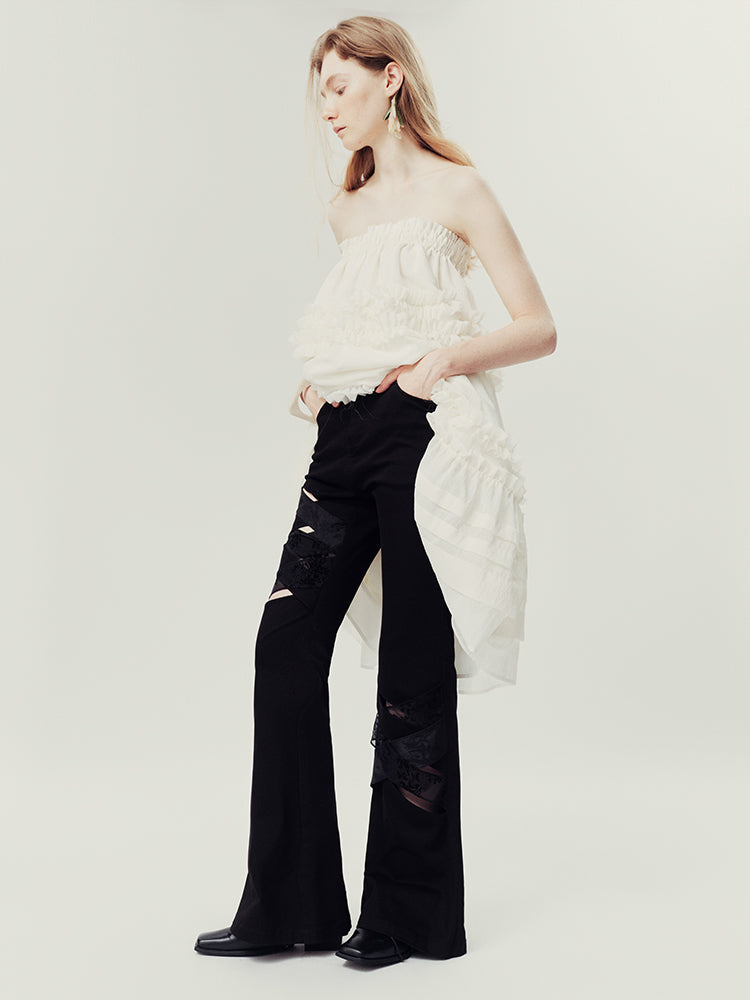 Nichi Lace Mesh Flower High-Waist Flare-Pants