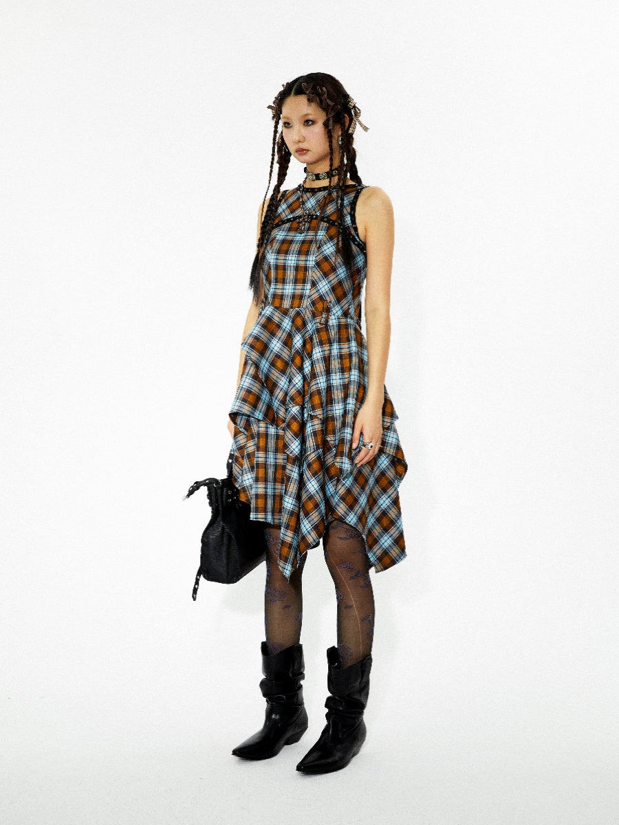 Checked Asymmetry Hem-Skirt Fluffiy One-Piece