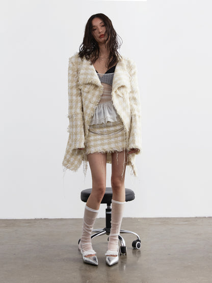 Tweed Tassel Cut-Off Checked Retro Jacket