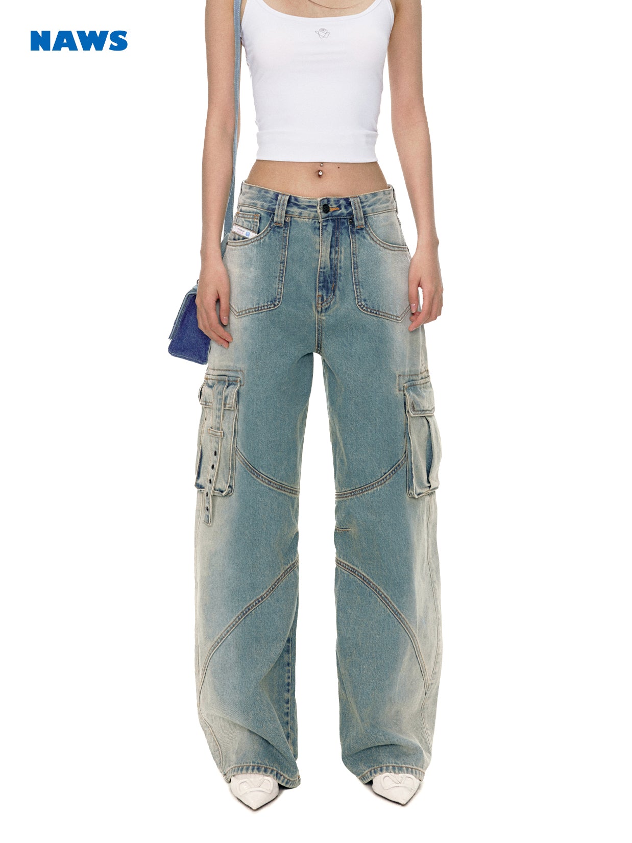 Denim Wide-Leg Straight Casual Side-Pocket Belt Pants