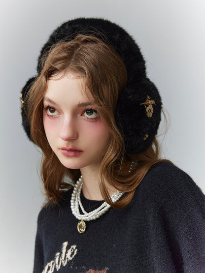 Embroidery Fur Fluffily Ribbon Button Cute Earmuffs