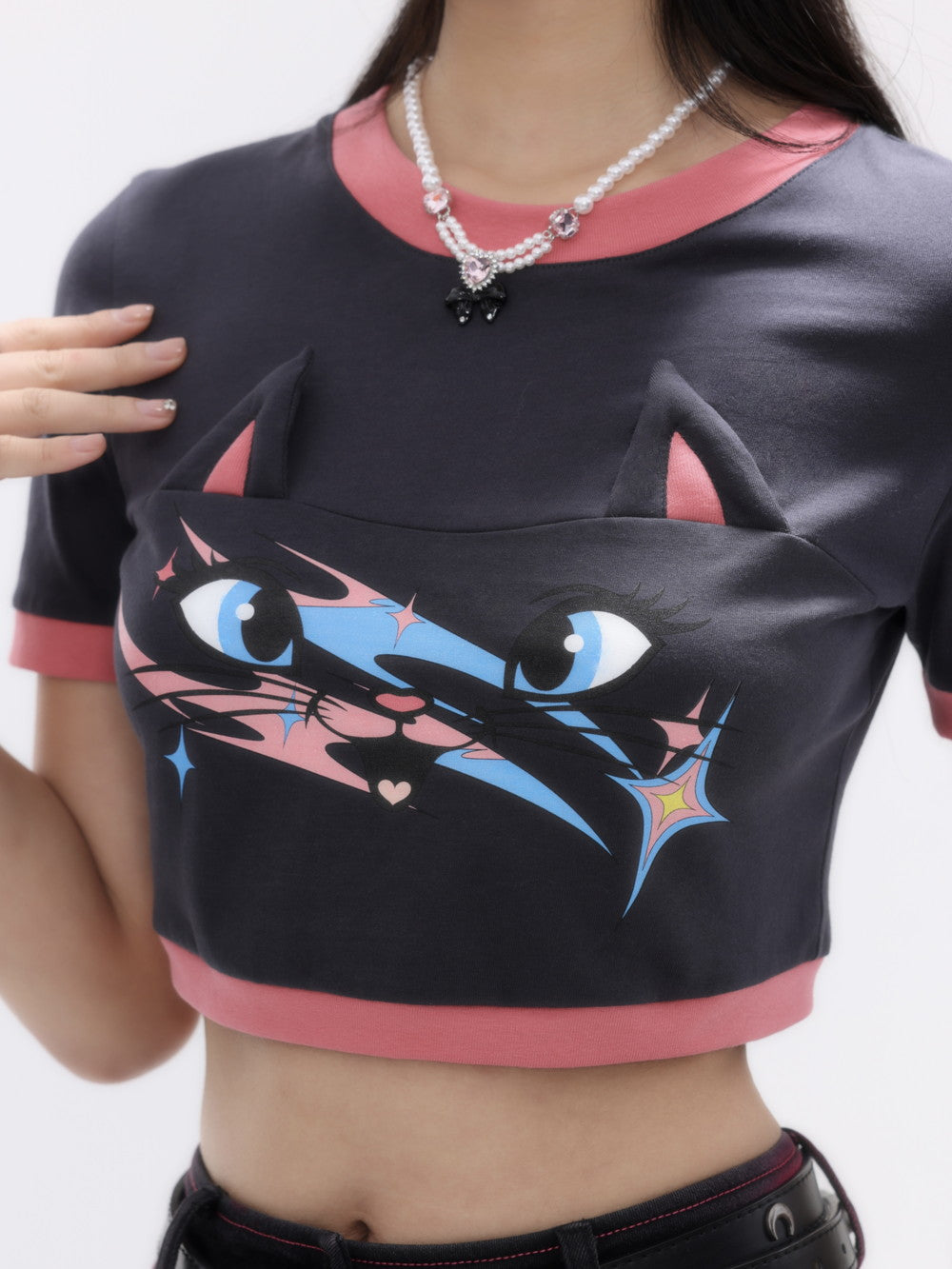 Cat-Ear Cropped Casual einzigartiges T-Shirt