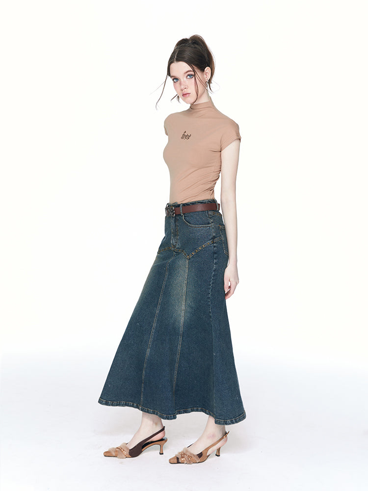 Denim sirène rivet long-jupe