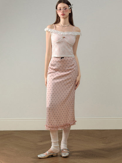 Satin Dot Lace frill Cute Long-Skirt