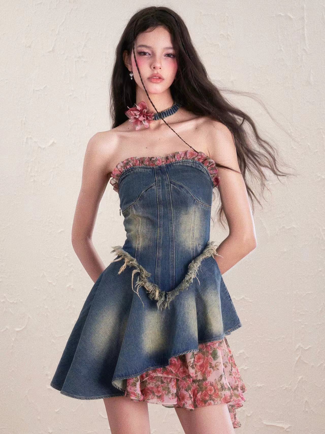 Denim Bare-Top Flower Asymmetry Coffon One-Piece