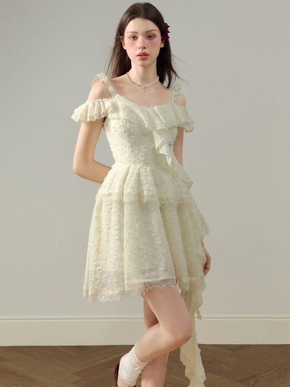 Off-Shoulder Flower Embroidery Lace Ciffon Flare Dress