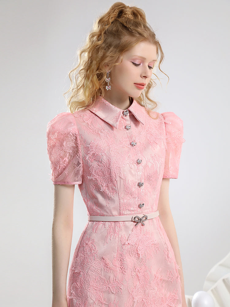 Sheer-Sleeve Embroidery Flower Puff-Sleeve Feminine One-Piece