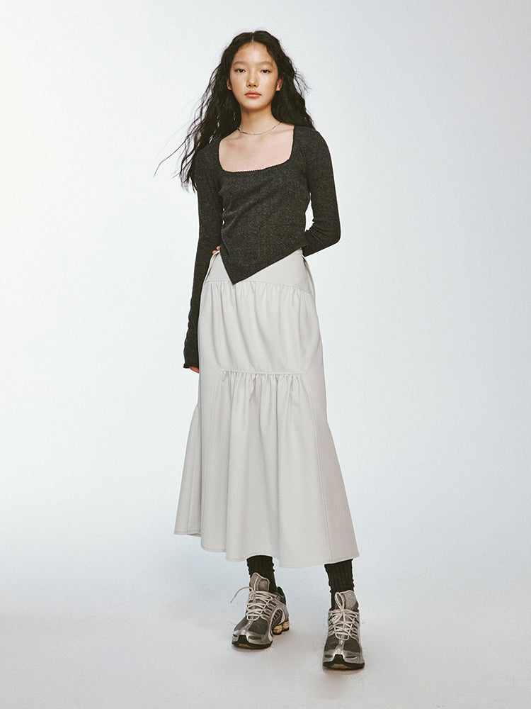 Tiered Asymmetry Plain Flare Simple Long-Skirt