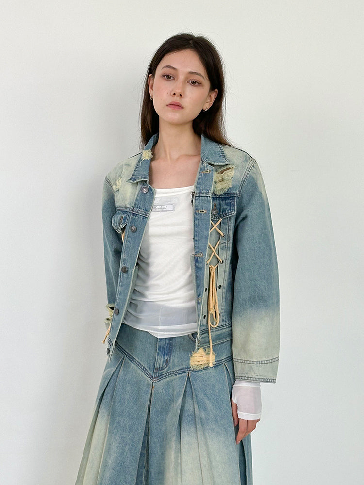 Gewaschener Schnür-up Nichi Vintage Casual Denim-Jacket