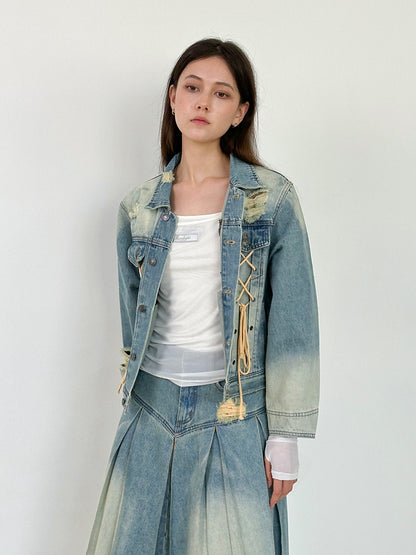 Washed Lace-Up Nichi Vintage Casual Denim-Jacket