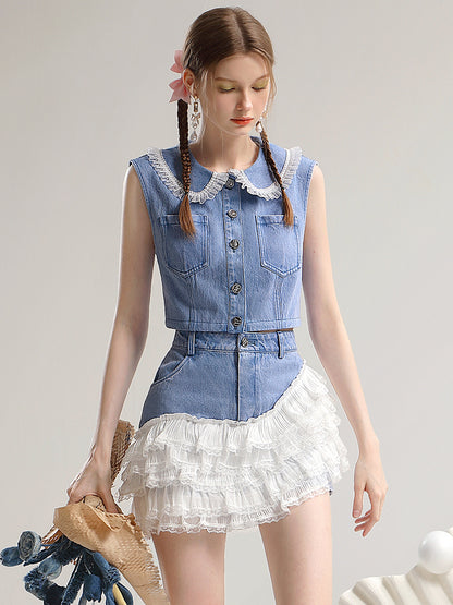 Set-Up Denim Lace Short Casual Tiered Asymmetry Tops&amp;Mini-Skirt