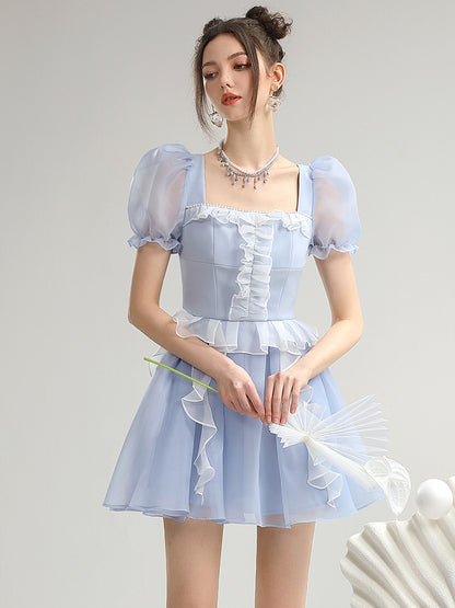 Ciffon Princess Sheer Puff-Sleeve Frill Refreshing Short One-Piece