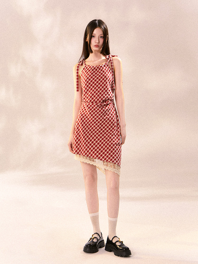 Checked Girly Asymmetry Lace Shoulder-Ribbon Dress